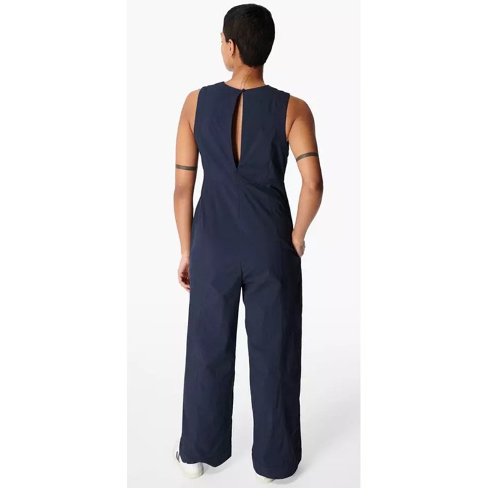 NEW Sweaty Betty Air Flow Wide Leg Jumpsuit High Neck Activewear Navy Blue Large - Picture 2 of 7